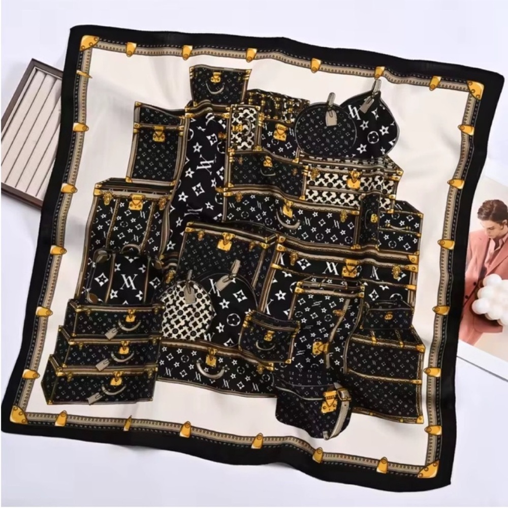 LV STYLE LOUIS VUITTON Luxury Designer Print Scarf suitcases black white 25in